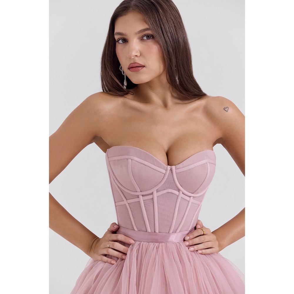 House of CB Darling French Rose Tulle Strapless Midi Dress - Size Medium - Picture 8 of 16